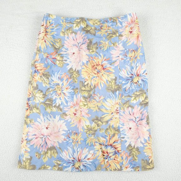 Talbots Circle Skirt Womens 8 Blue Yellow Floral Vintage Linen Cottagecore - Picture 1 of 10